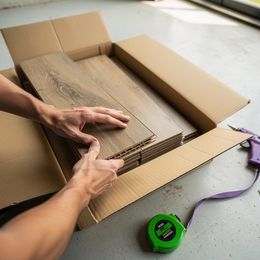 Hands clicking two new oak-look vinyl planks together to check the joint