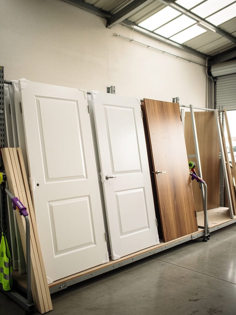 Row of new interior door slabs standing upright in a display rack