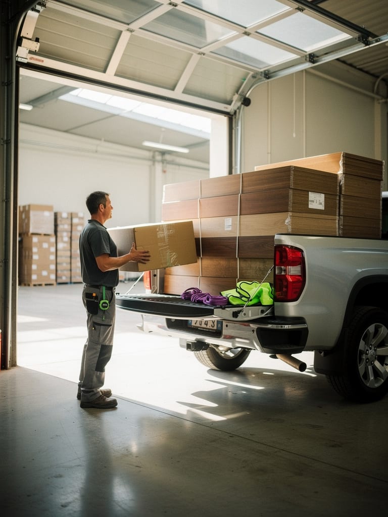 Worker loading boxed flooring into the bed of a customer's pickup at the loading dock