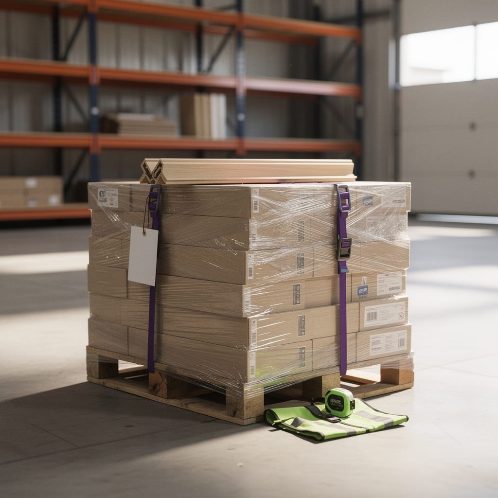 Wrapped pallet of flooring set aside in storage with a blank hold tag