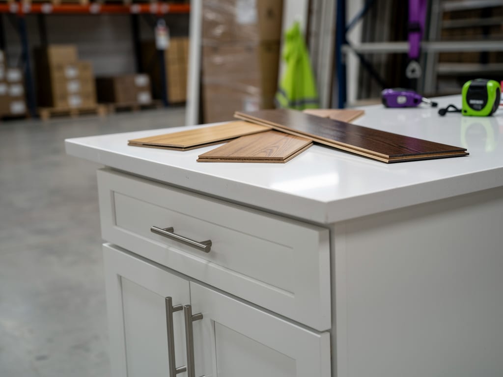 Display of a new shaker cabinet with a quartz countertop sample resting on it