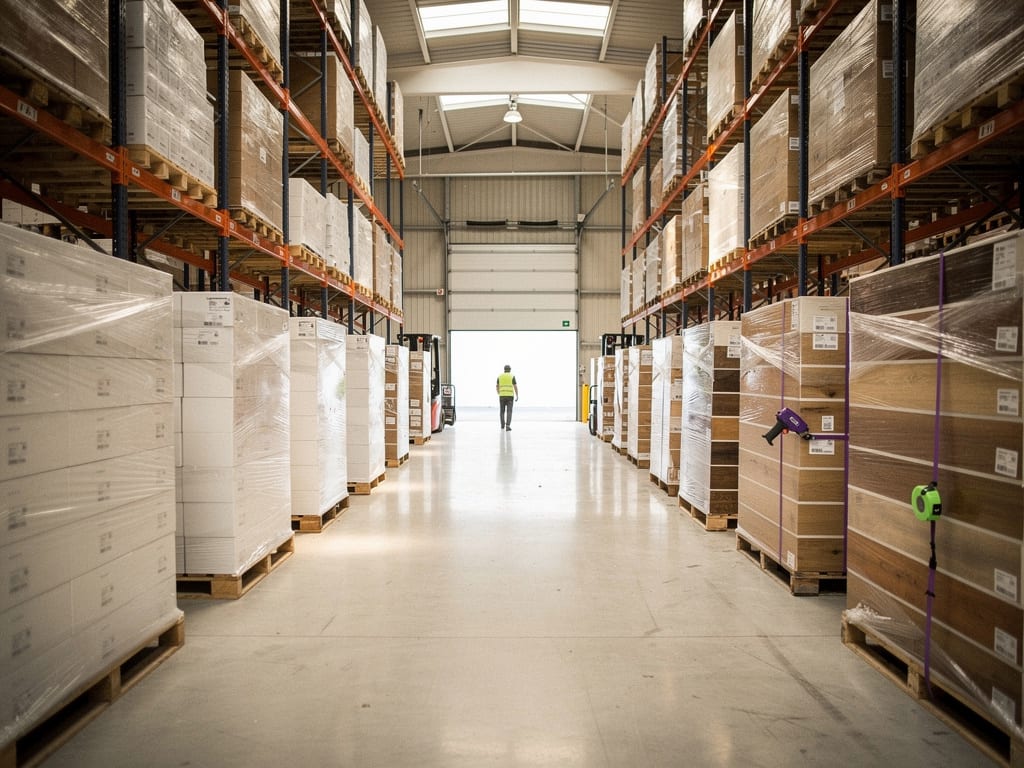 Long warehouse aisle of neatly stacked pallets of boxed flooring under skylights